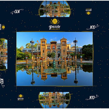 Wasserbecken mit dem Mudejar Pavillon im Morgenlicht, Plaza de America, Park Maria Luisa, Sevilla 100 Puzzle Schachtel 3D Modell