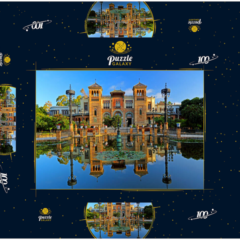 Wasserbecken mit dem Mudejar Pavillon im Morgenlicht, Plaza de America, Park Maria Luisa, Sevilla 100 Puzzle Schachtel 3D Modell