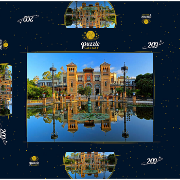 Wasserbecken mit dem Mudejar Pavillon im Morgenlicht, Plaza de America, Park Maria Luisa, Sevilla 200 Puzzle Schachtel 3D Modell