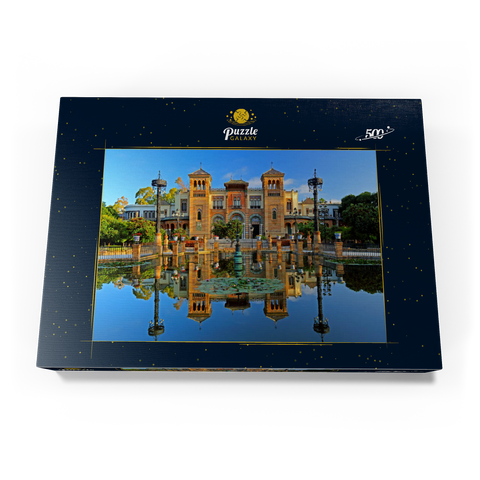 Wasserbecken mit dem Mudejar Pavillon im Morgenlicht, Plaza de America, Park Maria Luisa, Sevilla 500 Puzzle Schachtel Ansicht3