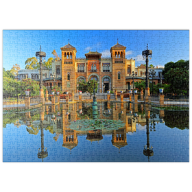Darstellung des Puzzle-Motivs Wasserbecken mit dem Mudejar Pavillon im Morgenlicht, Sevilla – Puzzleteile: 500
