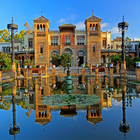 Wasserbecken mit dem Mudejar Pavillon im Morgenlicht, Plaza de America, Park Maria Luisa, Sevilla 500 Puzzle 3D Modell