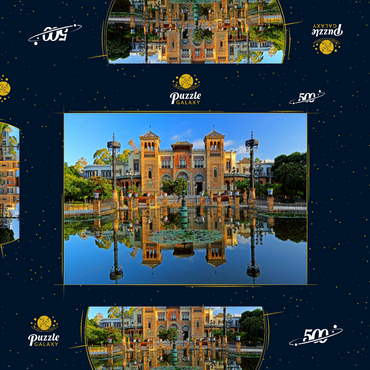 Wasserbecken mit dem Mudejar Pavillon im Morgenlicht, Plaza de America, Park Maria Luisa, Sevilla 500 Puzzle Schachtel 3D Modell