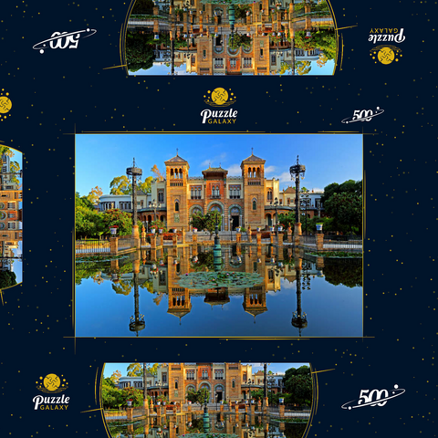 Wasserbecken mit dem Mudejar Pavillon im Morgenlicht, Plaza de America, Park Maria Luisa, Sevilla 500 Puzzle Schachtel 3D Modell