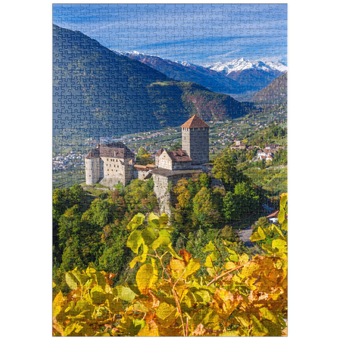 puzzleplate Schloss Tirol gegen Nationalpark Stilfser Joch, Dorf Tirol bei Meran, Provinz Bozen, Trentino-Südtirol 1000 Puzzle