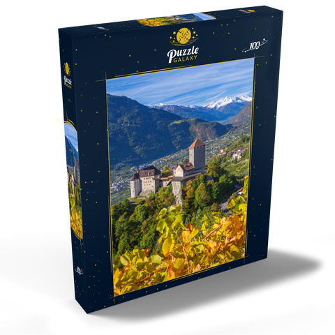 Schloss Tirol gegen Nationalpark Stilfser Joch, Dorf Tirol bei Meran, Provinz Bozen, Trentino-Südtirol 100 Puzzle Schachtel Ansicht2