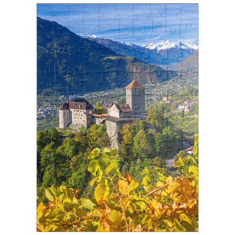 puzzleplate Schloss Tirol gegen Nationalpark Stilfser Joch, Dorf Tirol bei Meran, Provinz Bozen, Trentino-Südtirol 100 Puzzle