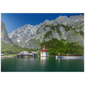 Darstellung des Puzzle-Motivs Blick über den See auf St. Bartholomä gegen den Watzmann – Puzzleteile: 1000