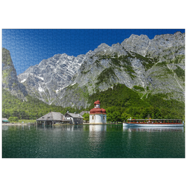 puzzleplate Blick über den See auf St. Bartholomä gegen den Watzmann (2713m) 1000 Puzzle