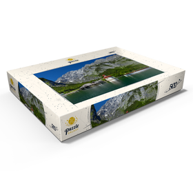 Darstellung des Puzzle Motivs Blick über den See auf St. Bartholomä gegen den Watzmann - Puzzleteile: 500