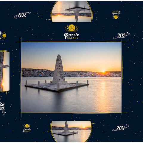 Obelisk in der Bucht von Argostoli im Sonnenuntergang, Insel Kefalonia, Ionische Inseln, Griechenland 200 Puzzle Schachtel 3D Modell