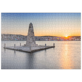 Darstellung des Puzzle Motivs Obelisk in der Bucht von Argostoli im Sonnenuntergang, Griechenland - Puzzleteile: 500