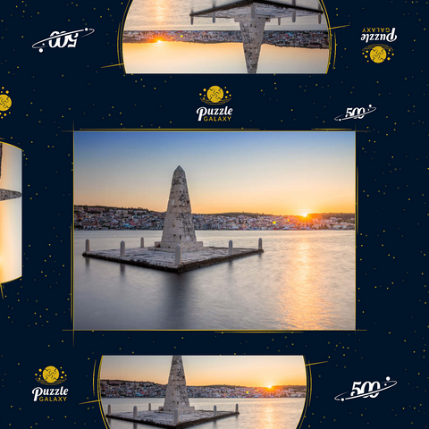 Obelisk in der Bucht von Argostoli im Sonnenuntergang, Insel Kefalonia, Ionische Inseln, Griechenland 500 Puzzle Schachtel 3D Modell