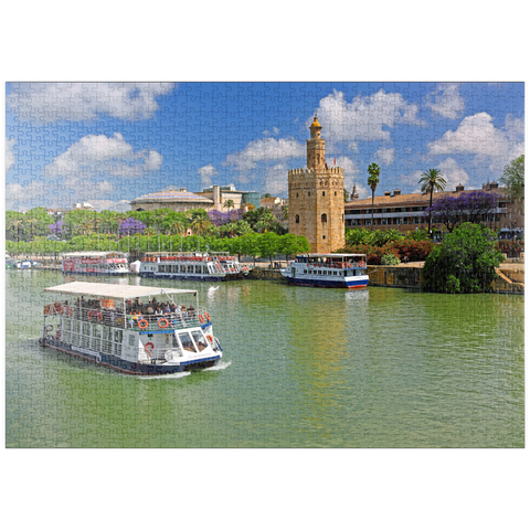 puzzleplate Ausflugsschiffe auf dem Guadalquivir mit dem Torre del Oro, Sevilla, Andalusien, Spanien 1000 Puzzle