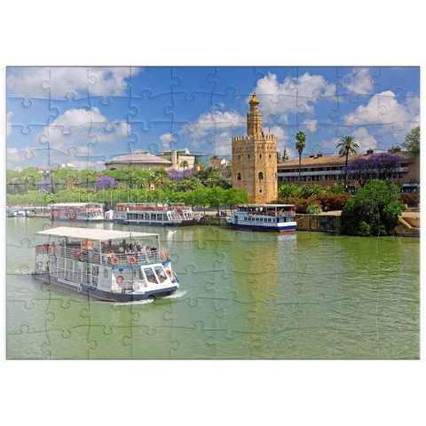 puzzleplate Ausflugsschiffe auf dem Guadalquivir mit dem Torre del Oro, Sevilla, Andalusien, Spanien 100 Puzzle