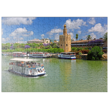 puzzleplate Ausflugsschiffe auf dem Guadalquivir mit dem Torre del Oro, Sevilla, Andalusien, Spanien 200 Puzzle