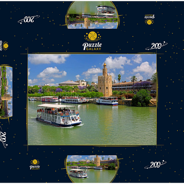 Ausflugsschiffe auf dem Guadalquivir mit dem Torre del Oro, Sevilla, Andalusien, Spanien 200 Puzzle Schachtel 3D Modell
