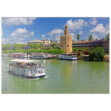 puzzleplate Ausflugsschiffe auf dem Guadalquivir mit dem Torre del Oro, Sevilla, Andalusien, Spanien 500 Puzzle