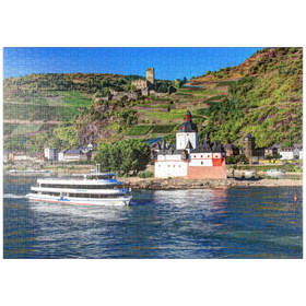 Darstellung des Puzzle-Motivs Ausflugsschiff auf dem Rhein mit Burg Pfalzgrafenstein und Burg Gutenfels in Kaub – Puzzleteile: 1000