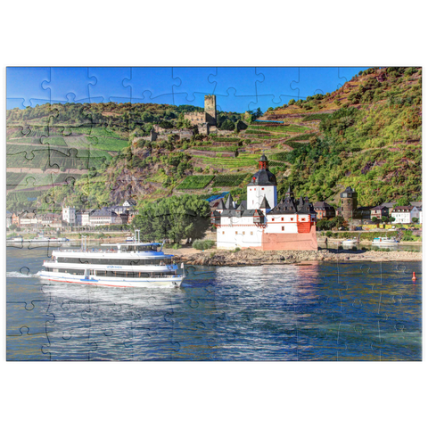 puzzleplate Ausflugsschiff auf dem Rhein mit Burg Pfalzgrafenstein und Burg Gutenfels in Kaub 100 Puzzle