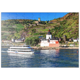 Darstellung des Puzzle Motivs Ausflugsschiff auf dem Rhein mit Burg Pfalzgrafenstein und Burg Gutenfels in Kaub - Puzzleteile: 100