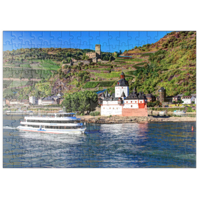 Darstellung des Puzzle-Motivs Ausflugsschiff auf dem Rhein mit Burg Pfalzgrafenstein und Burg Gutenfels in Kaub – Puzzleteile: 200