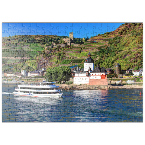 puzzleplate Ausflugsschiff auf dem Rhein mit Burg Pfalzgrafenstein und Burg Gutenfels in Kaub 200 Puzzle