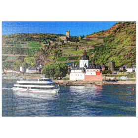 Darstellung des Puzzle-Motivs Ausflugsschiff auf dem Rhein mit Burg Pfalzgrafenstein und Burg Gutenfels in Kaub – Puzzleteile: 500