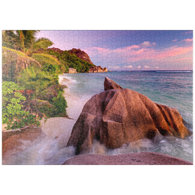 Darstellung des Puzzle Motivs Granitfelsen am Strand Anse Source d' Argent, Insel La Digue, Seychellen - Puzzleteile: 1000
