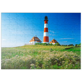 Darstellung des Puzzle Motivs Leuchtturm im Nationalpark Wattenmeer, Westerhever, Deutschland - Puzzleteile: 100