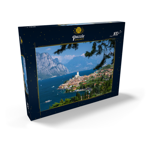 Blick nach Malcesine am Gardasee mit der Scaligerburg (14/15 Jh.), Provinz Verona, Venetien, Italien 100 Puzzle Schachtel Ansicht2