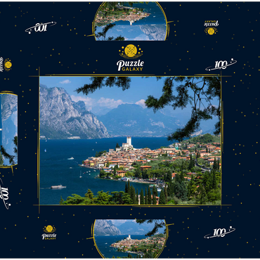 Blick nach Malcesine am Gardasee mit der Scaligerburg (14/15 Jh.), Provinz Verona, Venetien, Italien 100 Puzzle Schachtel 3D Modell