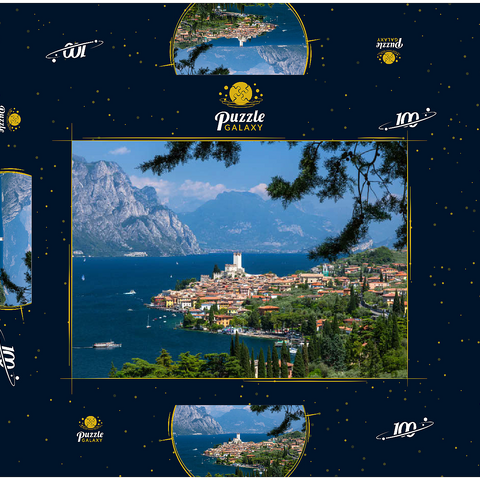 Blick nach Malcesine am Gardasee mit der Scaligerburg (14/15 Jh.), Provinz Verona, Venetien, Italien 100 Puzzle Schachtel 3D Modell