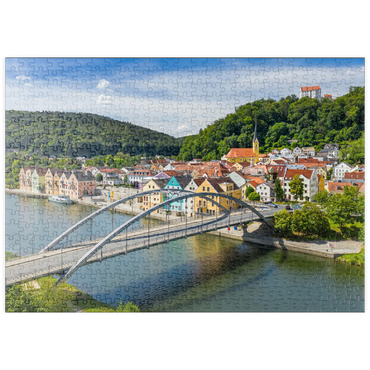 puzzleplate Brücke über die Altmühl in Riedenburg mit dem Schloss Rosenstein am Altmühl Radweg 500 Puzzle