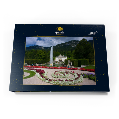 Schloss Linderhof mit Wasserparterre und Fontaine gegen Ammergauer Alpen, Oberbayern 1000 Puzzle Schachtel Ansicht3