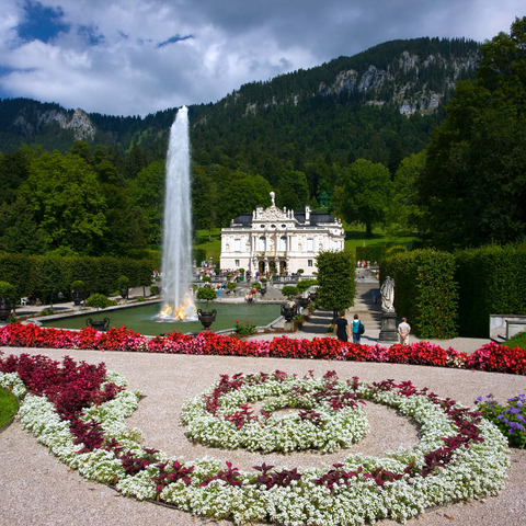 Schloss Linderhof mit Wasserparterre und Fontaine gegen Ammergauer Alpen, Oberbayern 1000 Puzzle 3D Modell