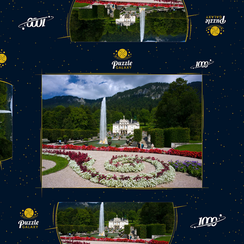 Schloss Linderhof mit Wasserparterre und Fontaine gegen Ammergauer Alpen, Oberbayern 1000 Puzzle Schachtel 3D Modell
