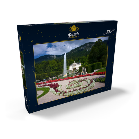 Schloss Linderhof mit Wasserparterre und Fontaine gegen Ammergauer Alpen, Oberbayern 100 Puzzle Schachtel Ansicht2