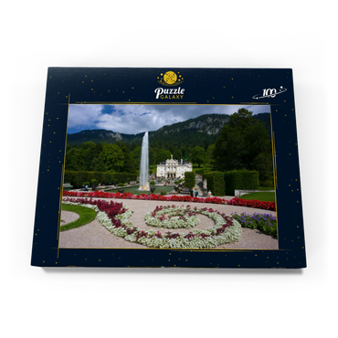 Schloss Linderhof mit Wasserparterre und Fontaine gegen Ammergauer Alpen, Oberbayern 100 Puzzle Schachtel Ansicht3