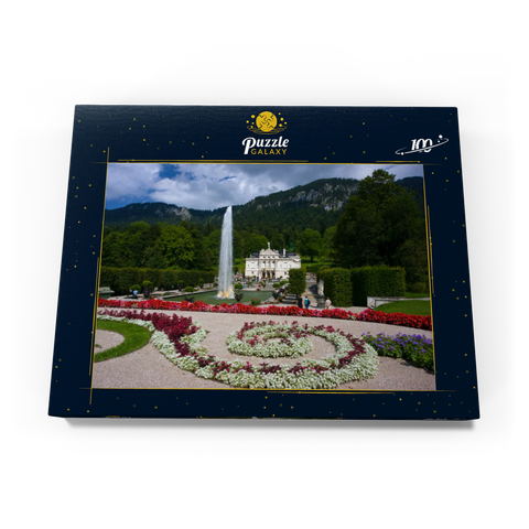 Schloss Linderhof mit Wasserparterre und Fontaine gegen Ammergauer Alpen, Oberbayern 100 Puzzle Schachtel Ansicht3