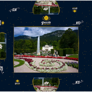 Schloss Linderhof mit Wasserparterre und Fontaine gegen Ammergauer Alpen, Oberbayern 100 Puzzle Schachtel 3D Modell