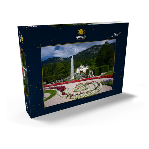 Schloss Linderhof mit Wasserparterre und Fontaine gegen Ammergauer Alpen, Oberbayern 500 Puzzle Schachtel Ansicht2