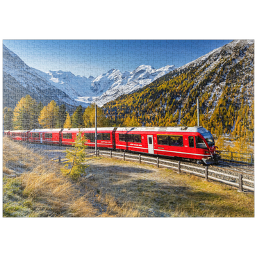 puzzleplate Rhätische Bahn am Berninapass mit Blick ins Tal Val Morteratsch 1000 Puzzle