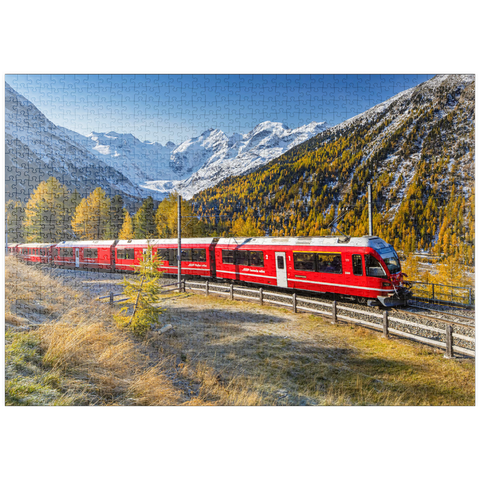 puzzleplate Rhätische Bahn am Berninapass mit Blick ins Tal Val Morteratsch 1000 Puzzle