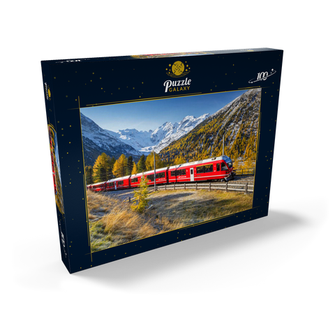 Rhätische Bahn am Berninapass mit Blick ins Tal Val Morteratsch 100 Puzzle Schachtel Ansicht2