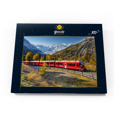 Rhätische Bahn am Berninapass mit Blick ins Tal Val Morteratsch 100 Puzzle Schachtel Ansicht3