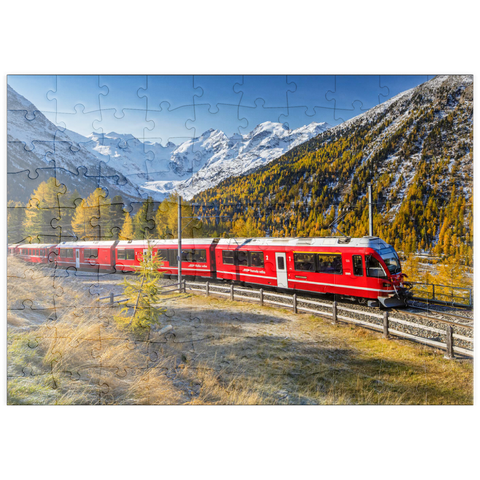 puzzleplate Rhätische Bahn am Berninapass mit Blick ins Tal Val Morteratsch 100 Puzzle