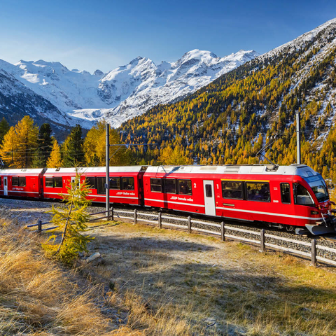 Rhätische Bahn am Berninapass mit Blick ins Tal Val Morteratsch 100 Puzzle 3D Modell