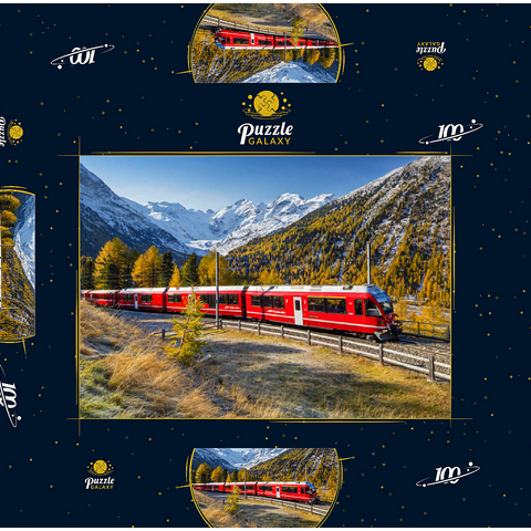 Rhätische Bahn am Berninapass mit Blick ins Tal Val Morteratsch 100 Puzzle Schachtel 3D Modell