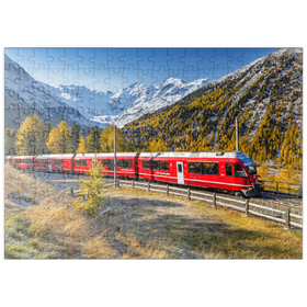 Darstellung des Puzzle-Motivs Rhätische Bahn am Berninapass mit Blick ins Tal Val Morteratsch – Puzzleteile: 200